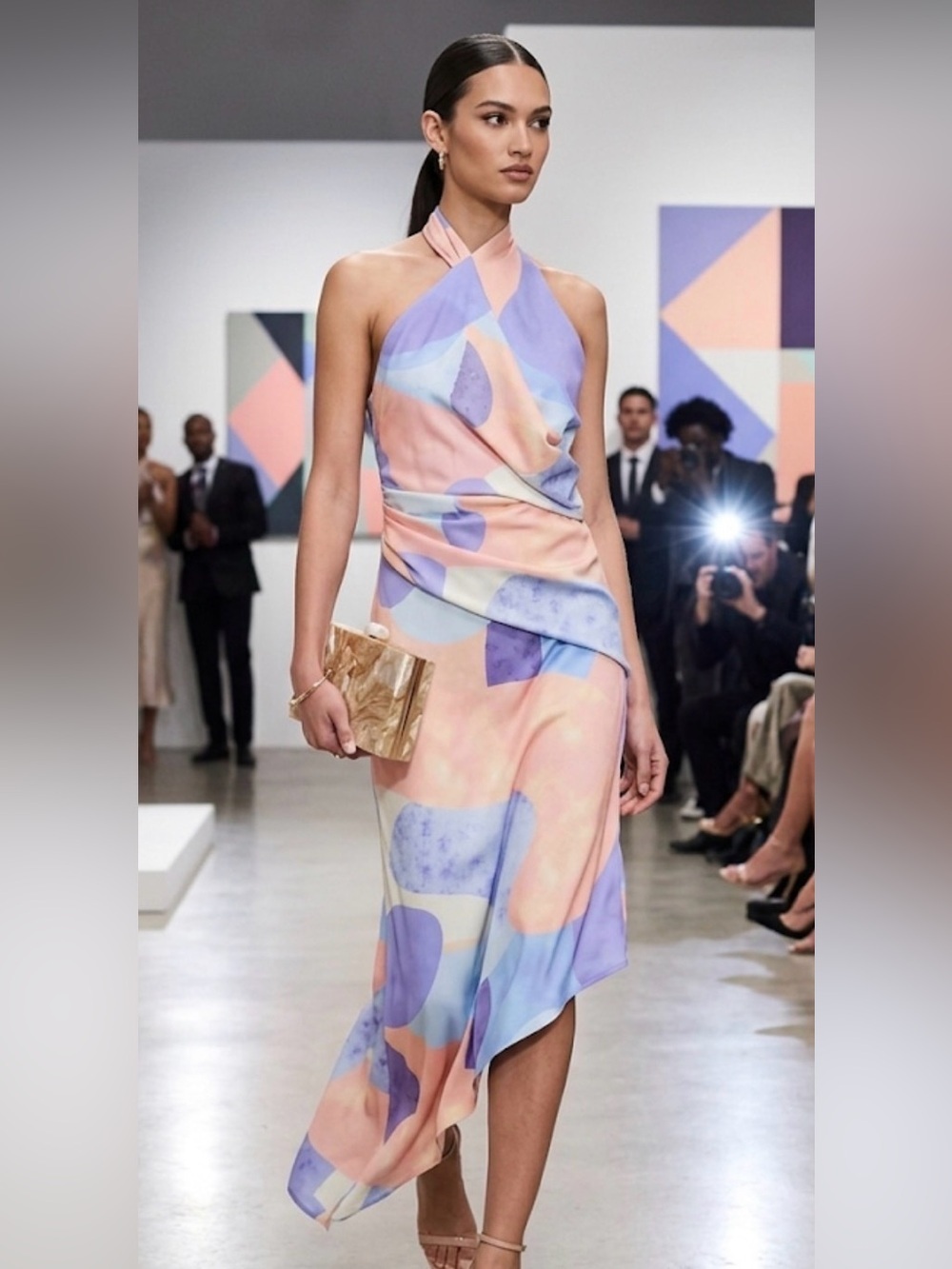 ASOS Design Halter Midi Dress Blue Pink Abstract Watercolor Asymmetrical US 8